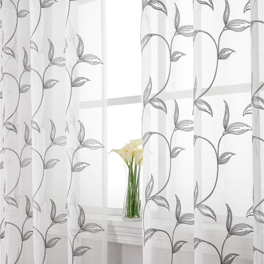 VISIONTEX Sheer Curtains 72 Inches Long 2 Panels Grey Embroidered Floral Leaf